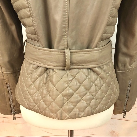 Vintage Cache Taupe Quilted Genuine Leather Beige Belted Moto Jacket - Picture 7 of 11